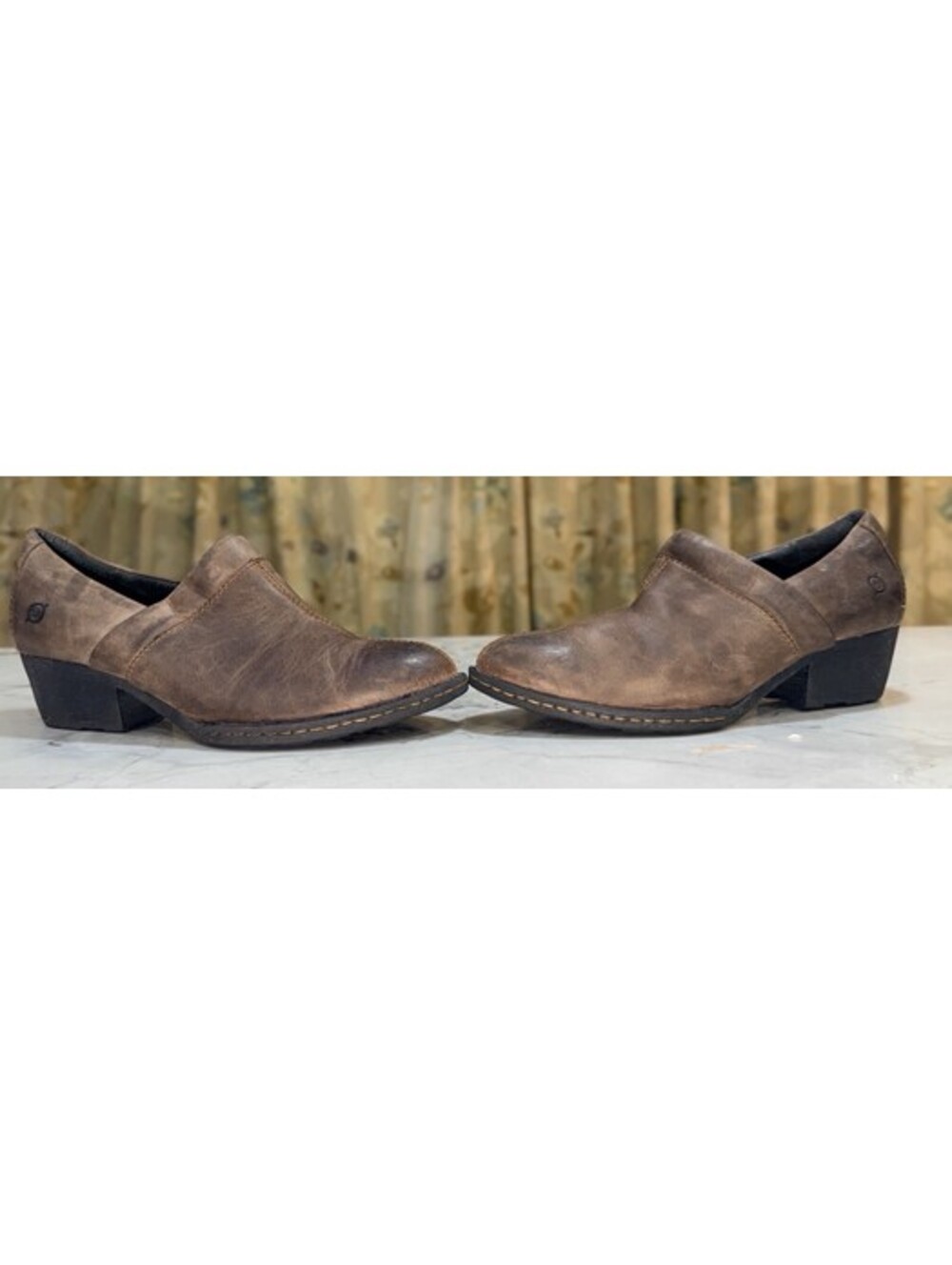 Born Kinney Womens 8 Brown Distressed Leather Slip On Booties W21992 Block Heel